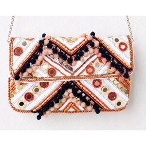 Clements Ribeiro Beaded Embellished Crossbody Clutch Bag Mirror Sequin Pom...